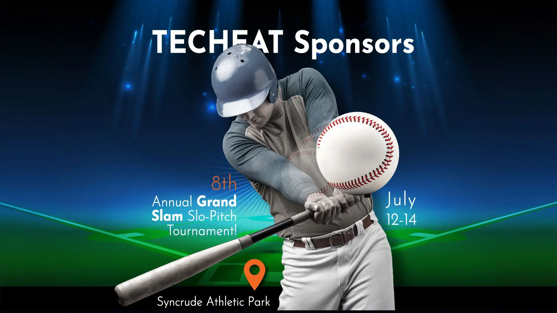 United-Way-Fort-McMurray-_-Wood-Buffalo-Sponsorship-1 Baseball player about to strike ball during baseball game sponsored by TECHEAT - Technical Heat Treatment Services Ltd.