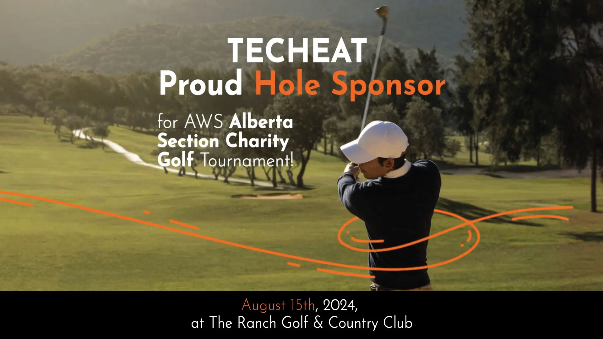 Techeat-AWS-Alberta-Section---3rd-Annual-Charity-Golf-Tournament-Blog-Post A visual representing TECHEAT as a Hole Sponsor for AWS Alberta Section Charity Golf Tournament. The image shows a golfer on the golf course swinging golf club.
